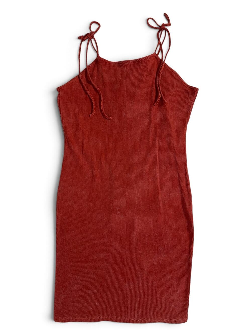 Double Zero Dress L Rust Ribbed Bodycon Mini Tie Shoulder Stretch Cotton